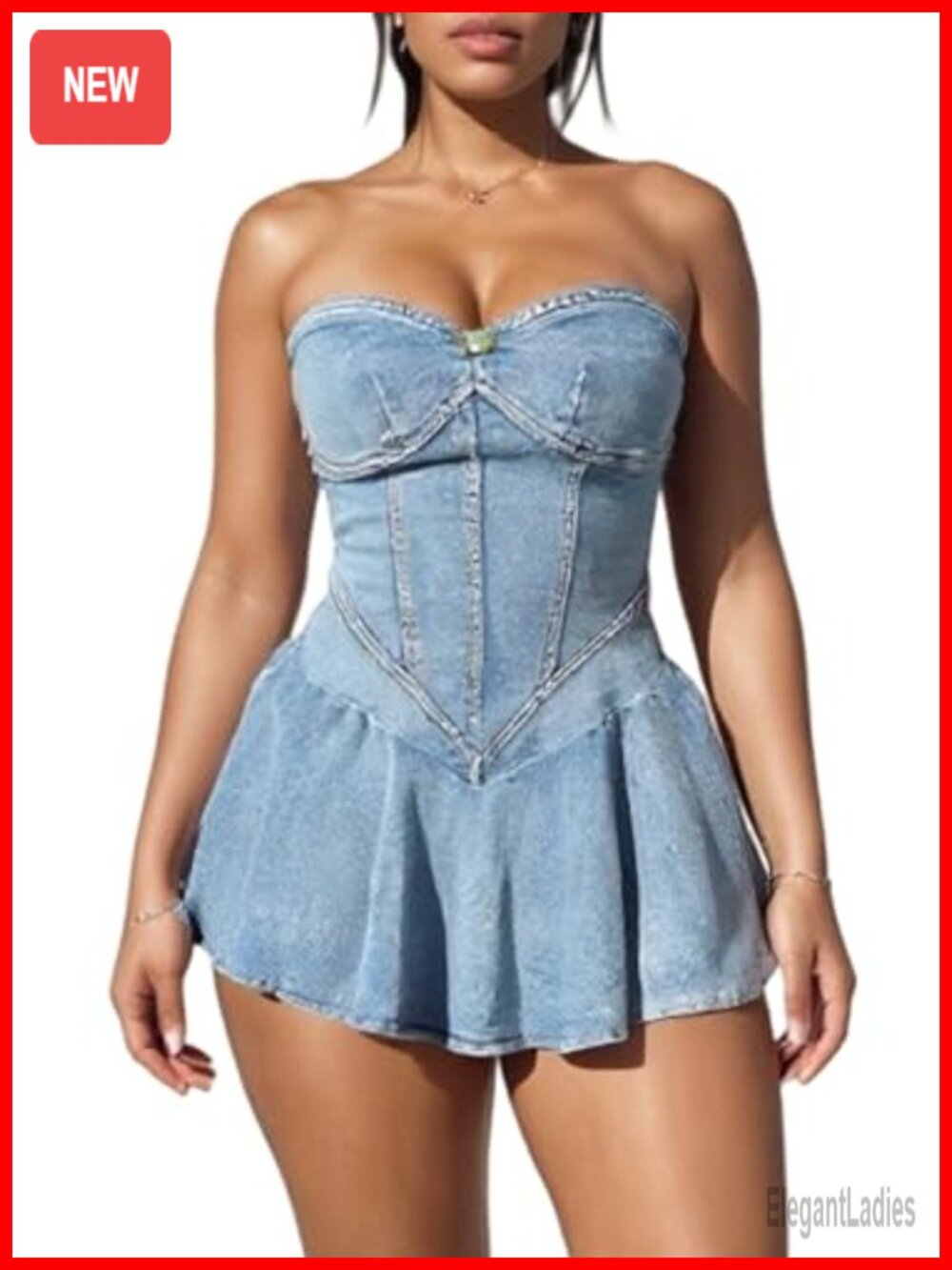 Y2K Strapless Denim Mini Dress Corset Ruffle Pleated Club Night Out